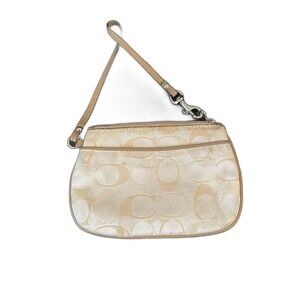 COACH Beige-Tan Signature Jacquard & Gold-Wash Leather LEGACY Wristlet 4x6